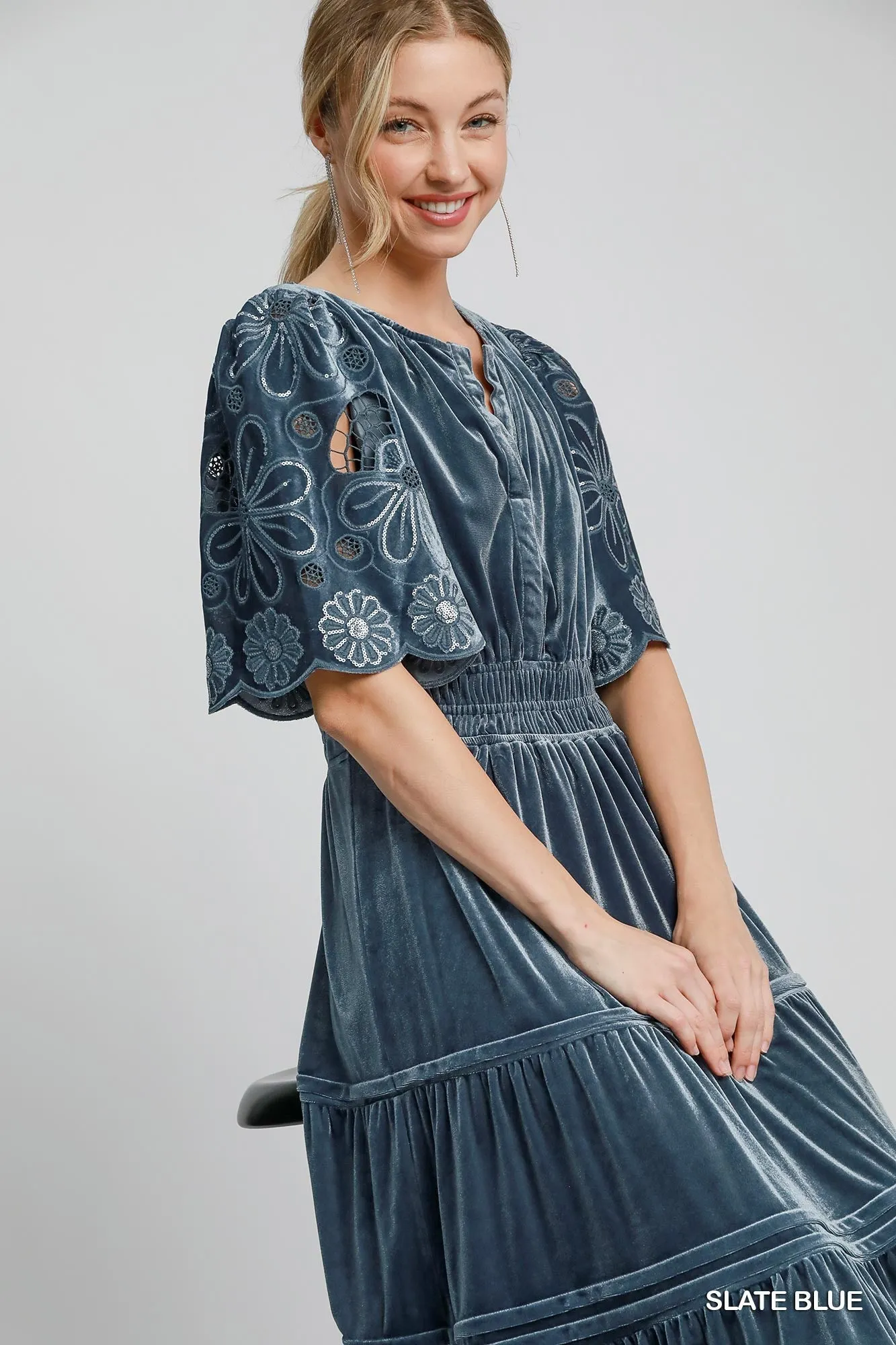 Velvet Tiered Maxi Dress - Slate Blue