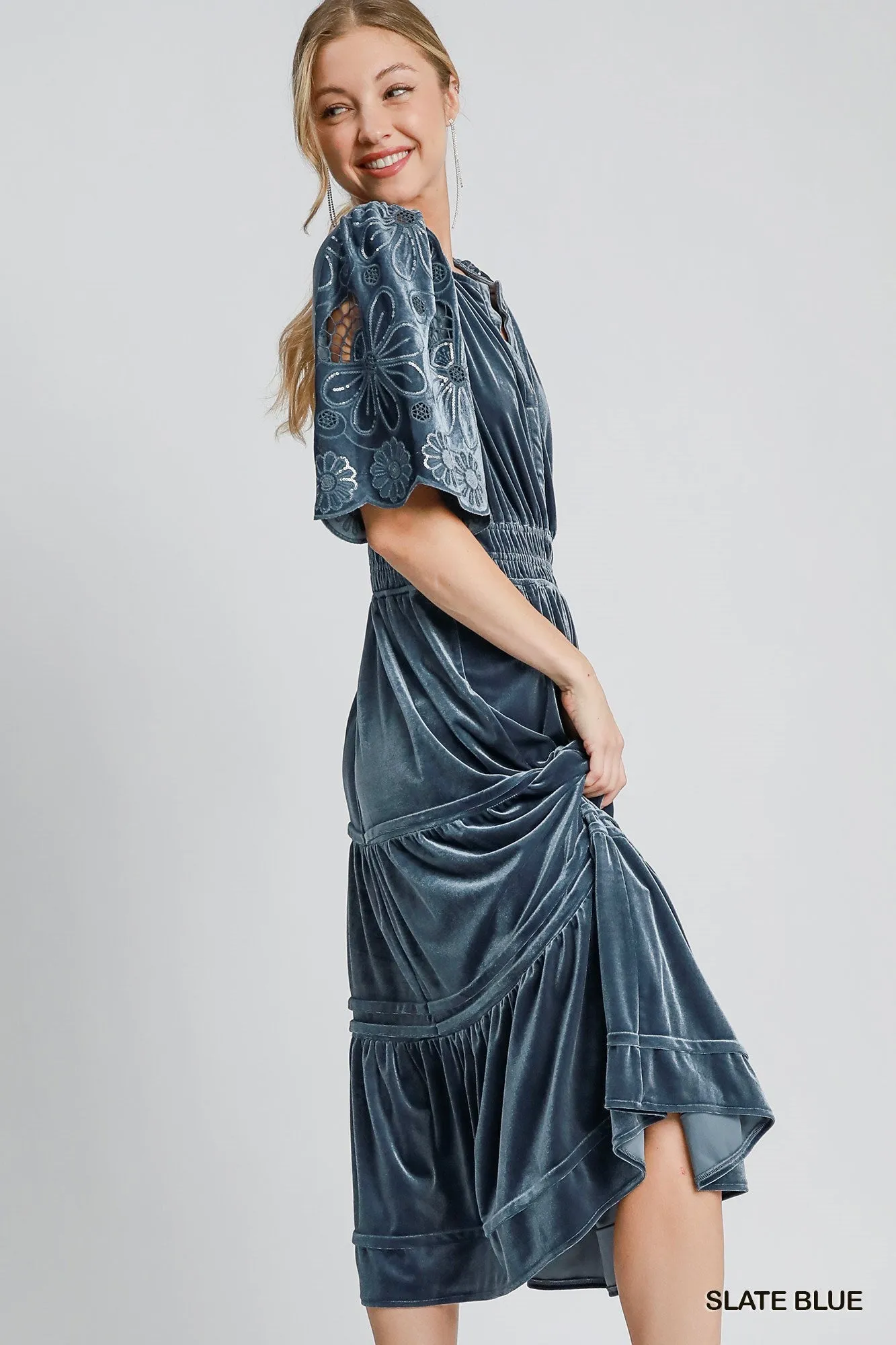 Velvet Tiered Maxi Dress - Slate Blue