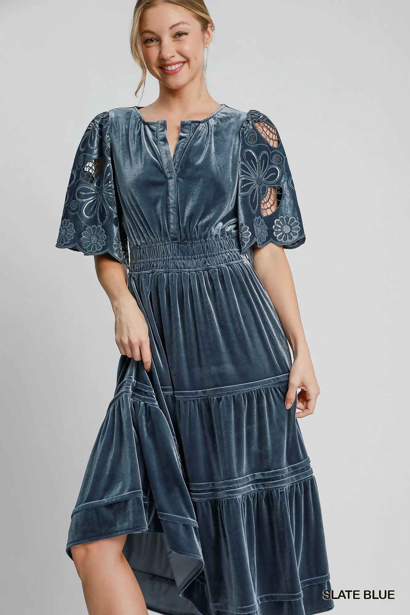 Velvet Tiered Maxi Dress - Slate Blue