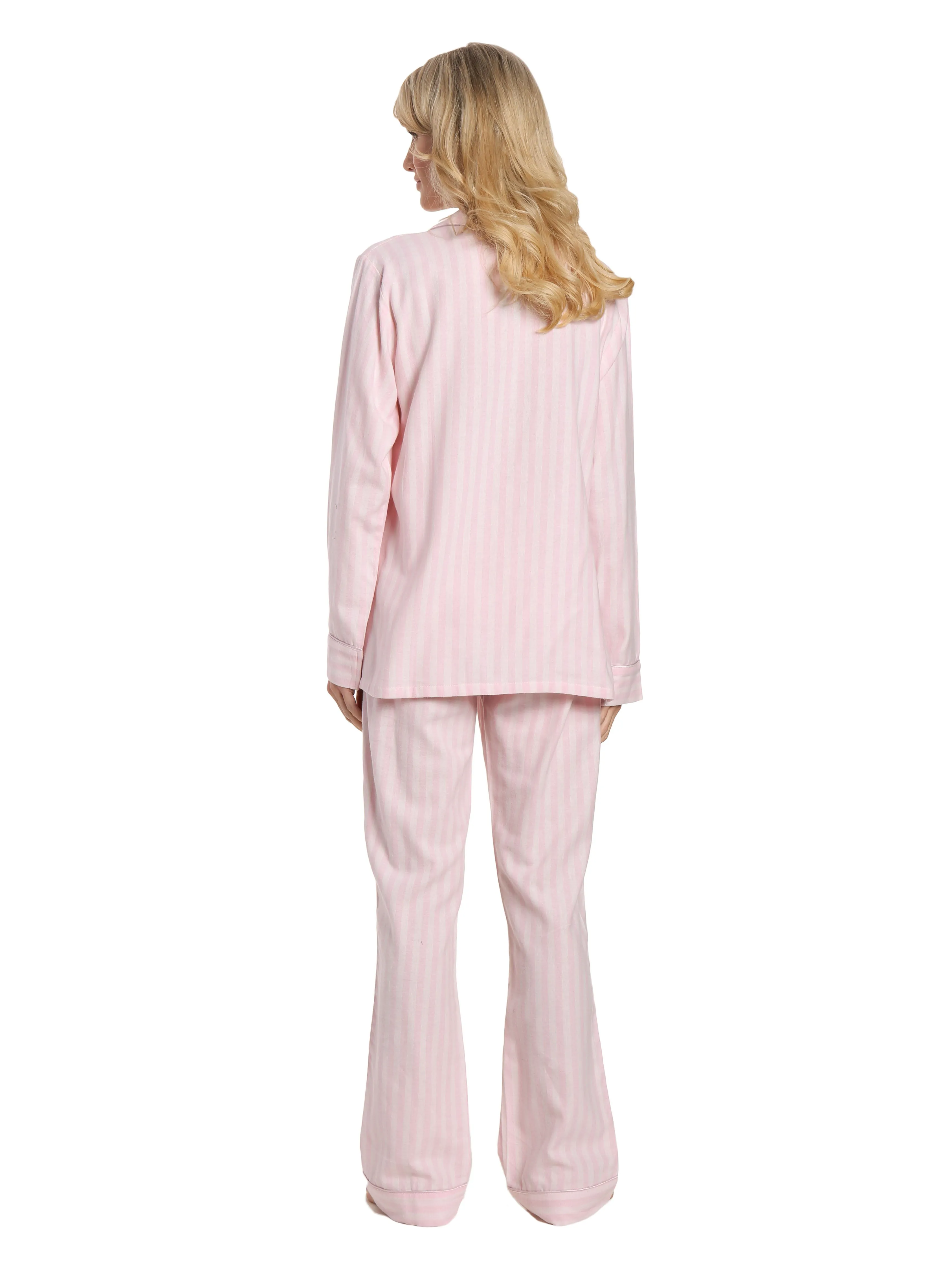 Womens 100% Cotton Lightweight Flannel Pajama Sleepwear Set - Stripes Pink