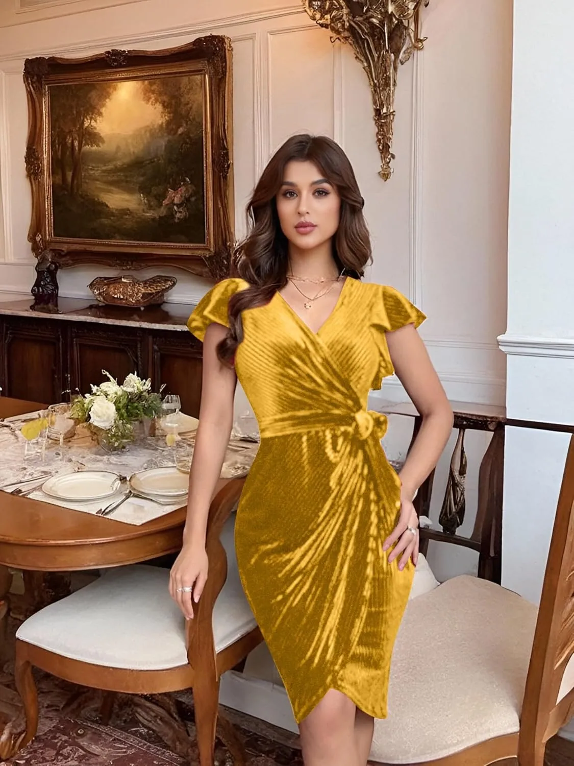 Women's 2024 Velvet Dress, Short Sleeve Winter Cocktail Dresses & Formal Velour Dress, Wedding Holiday Party Wear