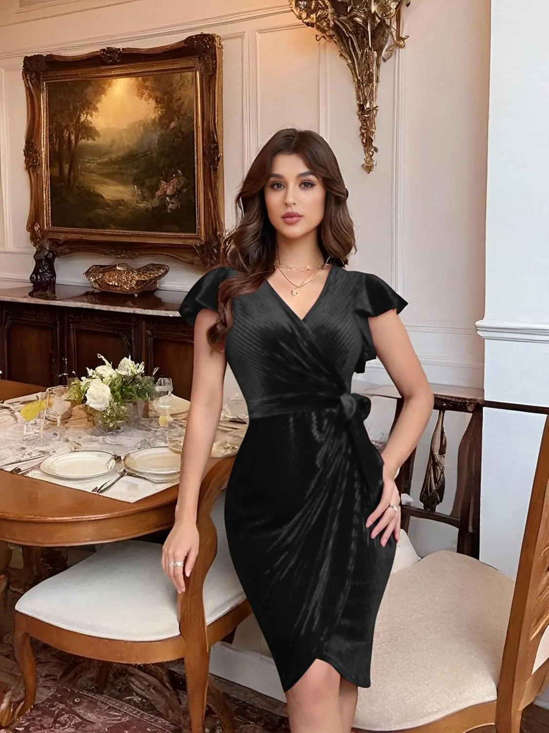 Women's 2024 Velvet Dress, Short Sleeve Winter Cocktail Dresses & Formal Velour Dress, Wedding Holiday Party Wear