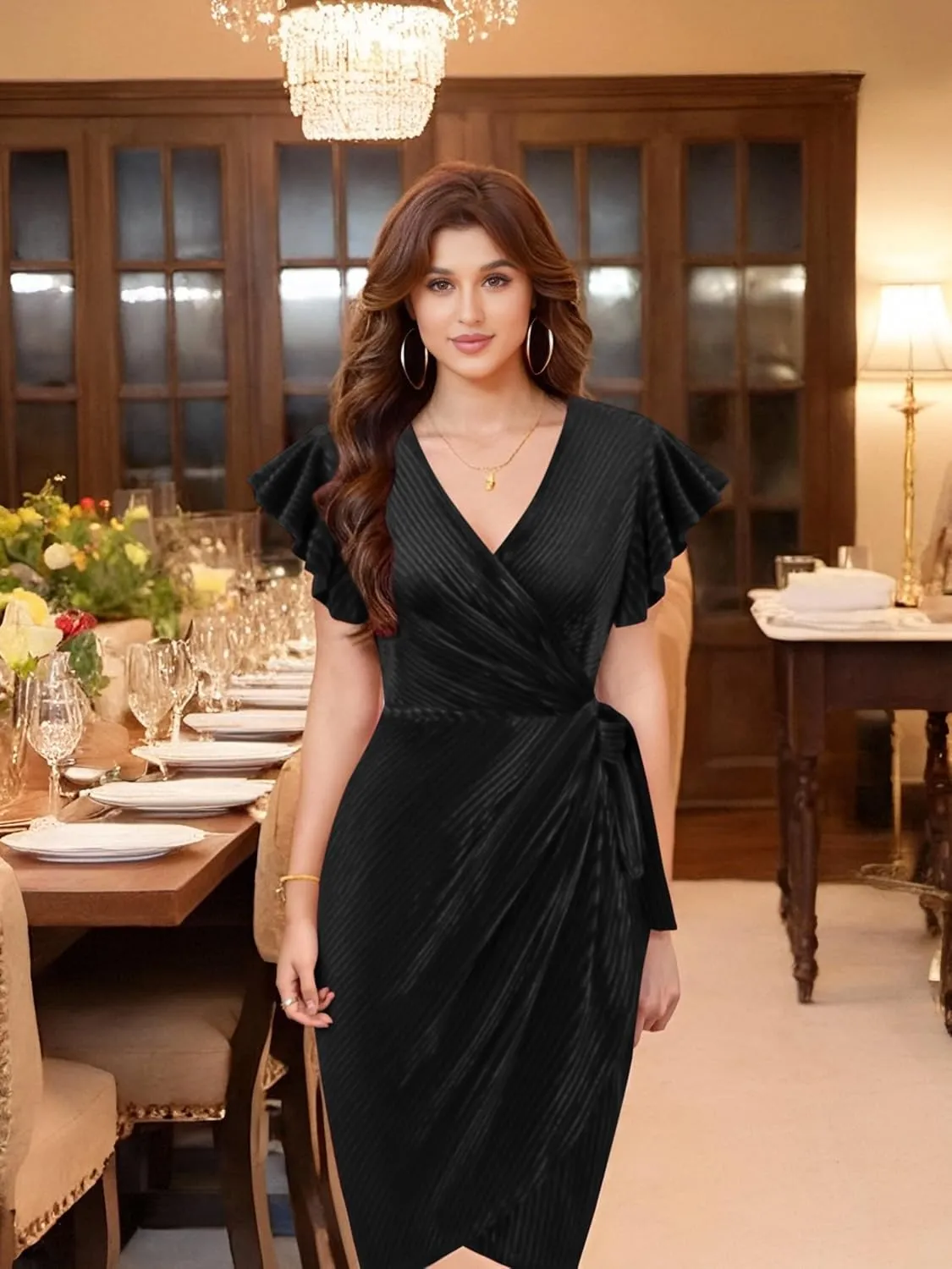 Women's 2024 Velvet Dress, Short Sleeve Winter Cocktail Dresses & Formal Velour Dress, Wedding Holiday Party Wear