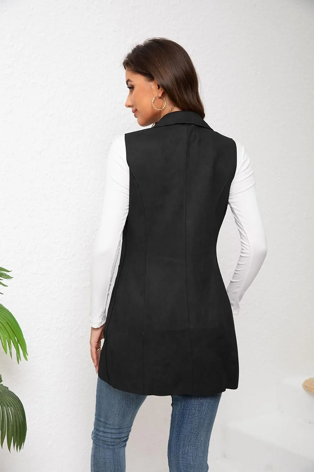 Women's Long Sleeveless Suede Vest Casual Lapel Open Front Duster Vest