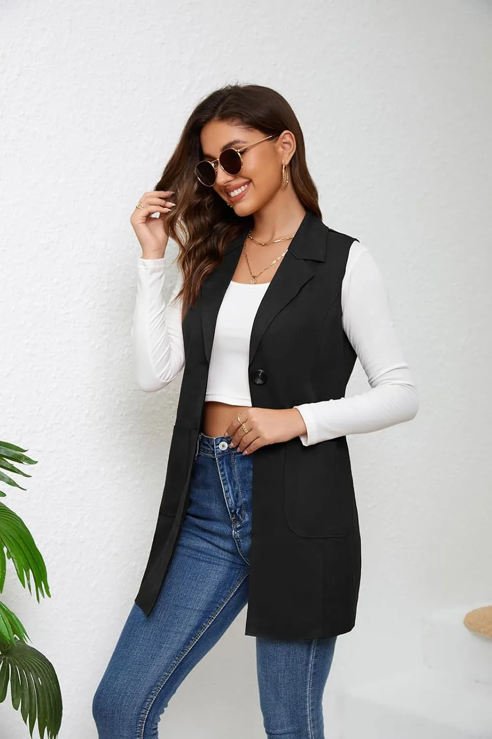 Women's Long Sleeveless Suede Vest Casual Lapel Open Front Duster Vest