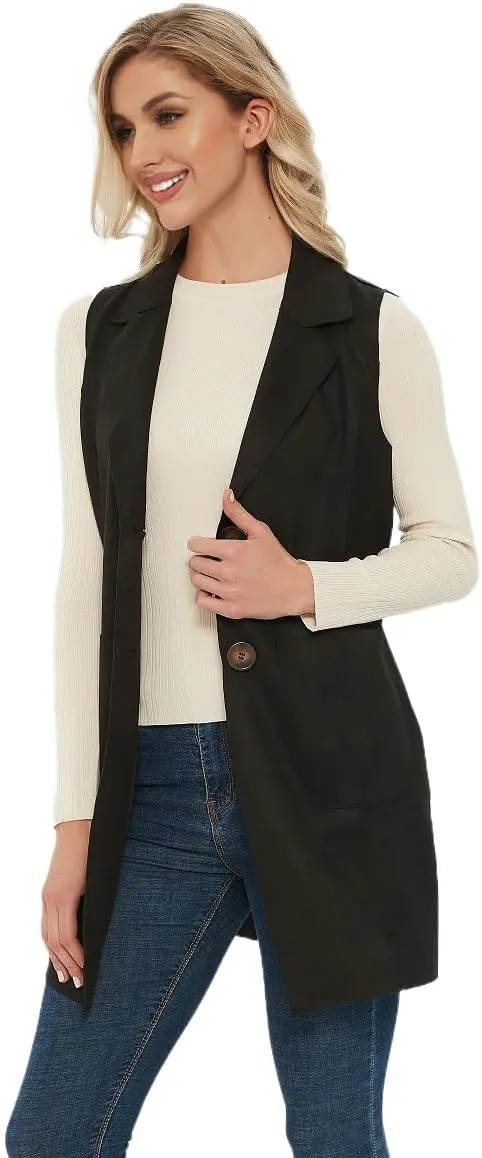 Women's Long Sleeveless Suede Vest Casual Lapel Open Front Duster Vest