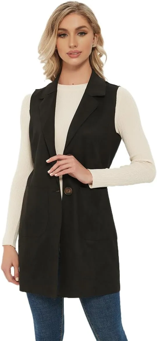 Women's Long Sleeveless Suede Vest Casual Lapel Open Front Duster Vest